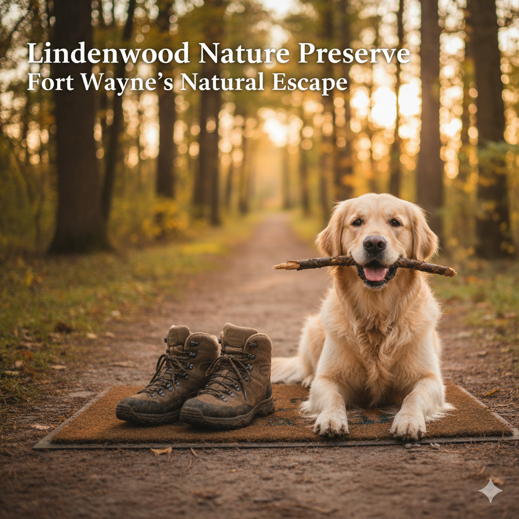 Dog and muddy boots on a mat after a trail walk, representing the need for pet odor removal in Fort Wayne homes.