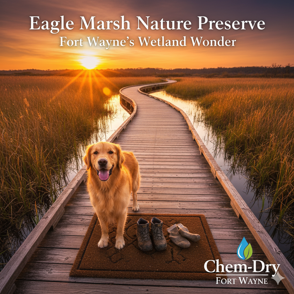 Golden retriever and muddy hiking gear on a boardwalk at sunset over Eagle Marsh Nature Preserve, Fort Wayne.