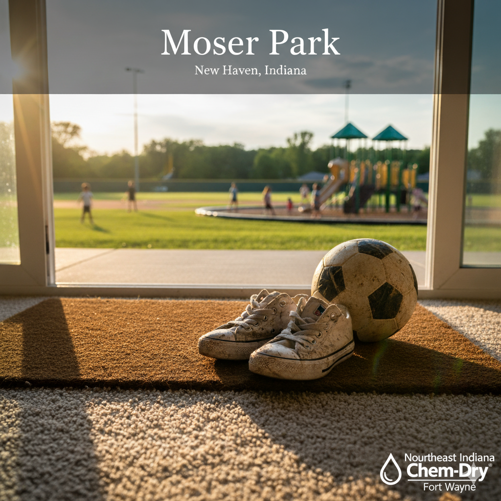 Active scene at Moser Park, New Haven, Indiana, showing children playing and implying tracked-in dirt and pet odor removal needs.