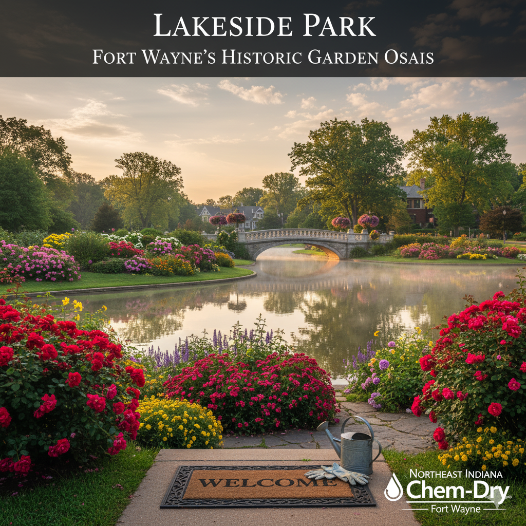 Historic view of the Lakeside Park lagoon and rose garden in Fort Wayne, with a subtle implication of a well-loved, older home needing restoration.